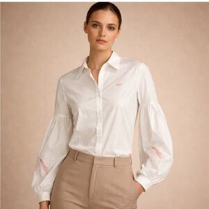 Ronner White Button-Down Blouse w/ Pink Horse Embroidery & Puff Sleeves – Size M